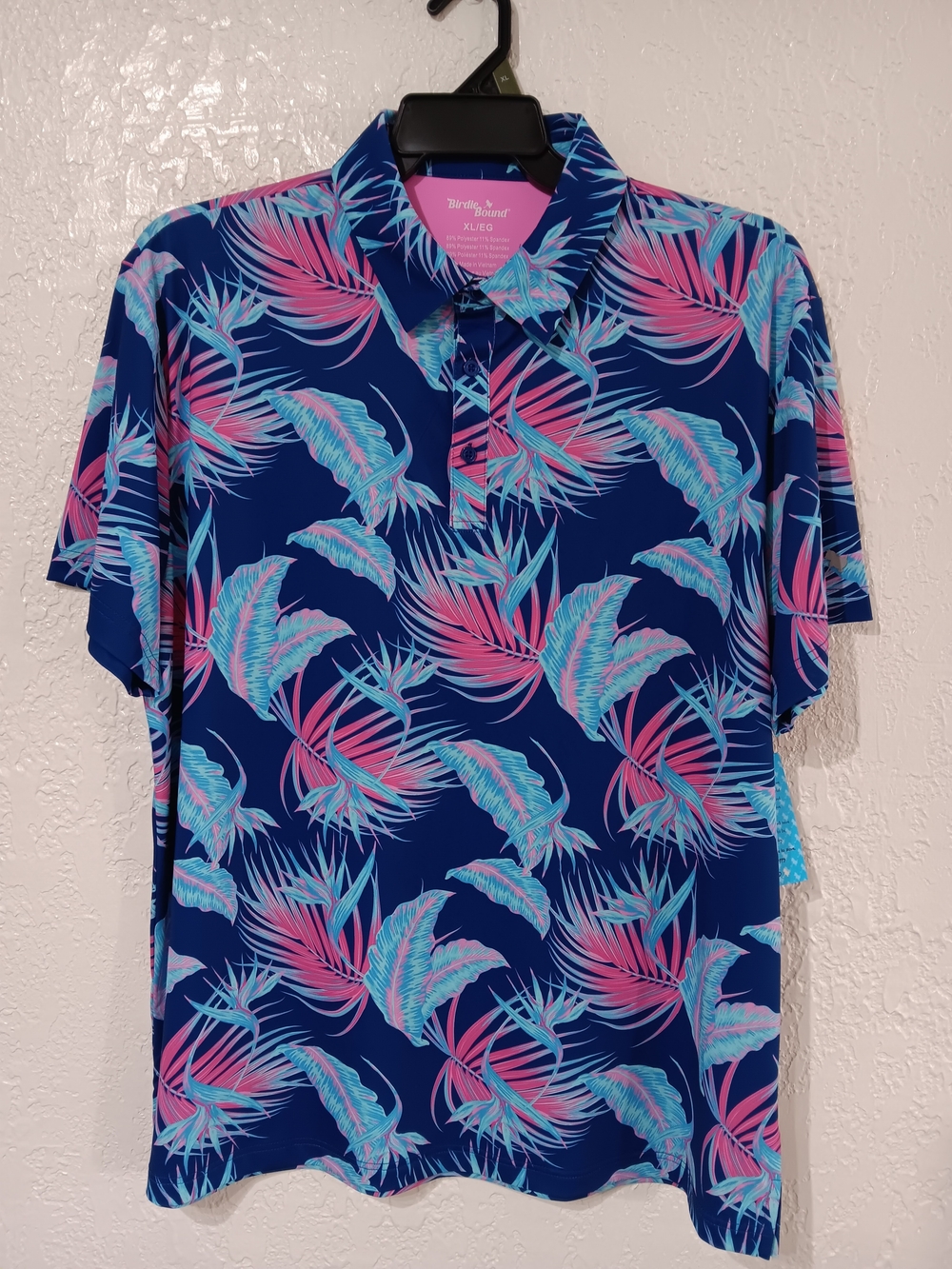 XL Men's Royal Blue Polo Shirt With Pink and Aqua Tropical Print, BirdieBound